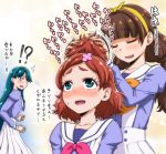  !? 3girls adjusting_another&#039;s_hair amanogawa_kirara blue_eyes blue_hair blush braid brown_hair closed_eyes go!_princess_precure hairband haruno_haruka hone_(koppun) kaidou_minami long_hair multiple_girls precure redhead school_uniform short_hair single_braid translation_request twintails 