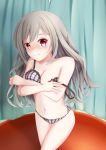  1girl alternate_hairstyle artist_request bare_shoulders blush breasts hair_down idolmaster idolmaster_cinderella_girls kanzaki_ranko lingerie long_hair off_shoulder red_eyes silver_hair solo strap_slip underwear 