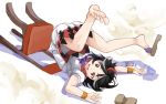  1girl barefoot black_hair bow chair dated dress fallen_down horns kijin_seija multicolored_hair on_floor oniku_(o_ni_q) open_mouth puffy_sleeves red_eyes redhead shoes_removed short_hair short_sleeves smile solo touhou twitter_username white_hair wrist_cuffs 