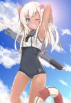  1girl blonde_hair blue_eyes flower hair_flower hair_ornament kantai_collection lifebuoy long_hair ro-500_(kantai_collection) school_swimsuit smile solo swimsuit tan tanline torpedo winking yumesato_makura 