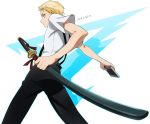  1boy blonde_hair cellphone from_behind gatchaman_crowds kaisen looking_back male phone scabbard sheath short_hair solo suspenders sword tachibana_sugane weapon yellow_eyes 