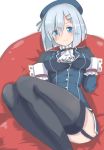  1girl blue_eyes breasts cosplay garter_straps hair_ornament hairclip hamakaze_(kantai_collection) highres kantai_collection short_hair silver_hair solo takao_(kantai_collection) takao_(kantai_collection)_(cosplay) thigh-highs tokoi 