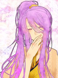  1boy alternate_costume closed_eyes hachisuka_kotetsu japanese_clothes kimono long_hair male_focus ponytail purple_hair solo touken_ranbu ukata upper_body 