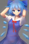  1girl arms_up blue_dress blue_eyes blue_hair bow cirno dress fairy grey_background hair_bow hair_ornament highres ice ice_wings looking_at_viewer puffy_sleeves shone short_hair short_sleeves simple_background smile solo touhou vest wings 