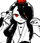  1boy bridal_gauntlets hair_over_one_eye hat ima-no-tsurugi japanese_clothes long_hair looking_at_viewer male_focus monochrome parted_lips pom_pom_(clothes) red_eyes simple_background solo spot_color tokin_hat touken_ranbu ukata upper_body white_background 
