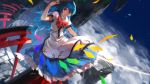 1girl blue_hair food fruit hat highres hinanawi_tenshi long_hair open_mouth peach red_eyes skirt solo swd3e2 sword_of_hisou touhou wind