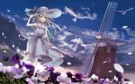  1girl bird bow clouds collarbone dove dress field flower flower_field green_eyes hat holding holding_hat knees looking_at_viewer open_mouth original petals shinooji silver_hair sky sleeveless solo sun_hat white_dress white_hat wind windmill window 