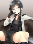  1boy bangs biting black_gloves black_hair couch glasses glove_biting gloves grin labcoat naso4 parted_bangs semi-rimless_glasses short_hair shorts sitting smile socks solo spread_legs suspenders touken_ranbu under-rim_glasses violet_eyes yagen_toushirou 