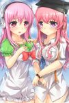  2girls baka_to_test_to_shoukanjuu between_breasts blush breast_press breasts cosplay costume_switch hair_ornament headphones himeji_mizuki large_breasts long_hair look-alike looking_at_viewer multiple_girls natsume_kei necktie necktie_between_breasts nitroplus open_mouth pink_hair red_eyes school_uniform super_sonico symmetrical_docking violet_eyes 