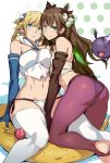  2girls ass asymmetrical_docking baddie_(p&amp;d) bare_shoulders blonde_hair blue_eyes blue_valkyrie_(p&amp;d) blush braid breast_press breasts brown_hair elbow_gloves flat_chest gloves green_eyes green_valkyrie_(p&amp;d) hair_ornament large_breasts long_hair multiple_girls navel netlk panties panties_under_pantyhose pantyhose puzzle_&amp;_dragons shynee_(p&amp;d) single_braid sitting sitting_on_person smile string_panties thigh-highs thighs underwear valkyrie_(p&amp;d) wide_hips 