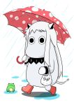  (o)_(o) bag boots commentary commentary_request frog horns kantai_collection long_hair mittens moomin moomintroll northern_ocean_hime northern_ocean_hime_(cosplay) plastic_bag rain sazanami_konami shinkaisei-kan simple_background tail umbrella 