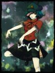  1girl 1st-mn black_border blue_hair border brown_eyes chinese_clothes expressionless flat_cap folded_leg gradient gradient_background hat looking_at_viewer miyako_yoshika ofuda one_eye_covered outstretched_arms parted_lips short_hair short_sleeves skirt solo star touhou zombie_pose 