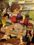  3boys :o bag ball brown_eyes brown_hair building dutch_angle glasses holding leaf looking_at_viewer male_focus multiple_boys noeyebrow_(mauve) original outdoors shorts sitting socks t-shirt tree tube wind 