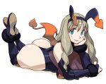  1girl ass bare_shoulders blue_eyes breasts brown_hair demon_tail drill_hair full_body hairband highres huge_ass ishikawa_hideki large_breasts legs_up lips long_hair looking_at_viewer lying on_stomach ring_dream simple_background smile solo tagme tail thighs white_background wide_hips wings 