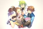  bare_shoulders brown_hair closed_eyes denim denim_shorts feeding food green_hair ice_cream n_(pokemon) pokemon pokemon_(game) pokemon_bw sekka_koyori shorts touko_(pokemon) touya_(pokemon) vest yellow_eyes 