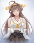  1girl absurdres ahoge bare_shoulders blouse brown_hair detached_sleeves double_bun grey_eyes hair_ornament hairband headgear highres japanese_clothes kantai_collection kongou_(kantai_collection) lips long_hair nontraditional_miko skirt smile solo yashichii 