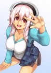  1girl blush breasts cleavage headphones large_breasts long_hair looking_at_viewer nitroplus open_mouth pink_eyes pink_hair smile solo super_sonico 