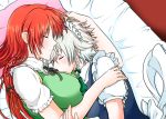  1girl 2girls bed blue_dress braid breasts closed_eyes commentary_request dress green_dress hong_meiling hug izayoi_sakuya large_breasts long_hair lying maid maid_headdress multiple_girls on_side pillow puffy_short_sleeves puffy_sleeves redhead short_sleeves silver_hair sleeping sui-sakura touhou twin_braids very_long_hair yuri 