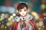  1girl akb48 bow brown_eyes brown_hair cape earrings eyelashes fur_collar fur_trim hair_bow holding jewelry light_particles lights long_sleeves looking_at_viewer open_mouth rakuhei red_cape smile solo solo_focus tassel tearing_up tears trophy watanabe_mayu 
