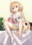  1girl barefoot bike_shorts blonde_hair blush brown_eyes clothes_writing feet futaba_anzu idolmaster idolmaster_cinderella_girls long_hair open_mouth solo striped stuffed_animal stuffed_bunny stuffed_toy t-shirt takemori_shintarou twintails very_long_hair 