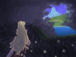  1girl beach blonde_hair blue_sky bush clouds dark dress forest from_behind grass hill lake light_particles long_hair long_sleeves nature no_hat peaceful rainbow shunaita@tomin-chu sky solo tabard touhou tree very_long_hair white_dress wide_sleeves yakumo_yukari 