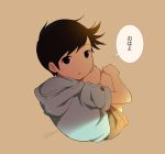  1boy :o artist_name black_hair brown_eyes from_behind hoodie looking_back male_focus noeyebrow_(mauve) original short_hair shorts simple_background sitting solo speech_bubble 