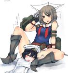  1boy 1girl =_= blue_eyes blush brown_hair canteen drooling embarrassed gloves hair_ornament hairclip headgear kantai_collection maya_(kantai_collection) necktie open_mouth sailor_collar short_hair shota_admiral_(kantai_collection) sigama simple_background sitting skirt sleeping sweatdrop tagme text translation_request turret untied white_background 