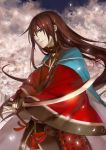  1boy blue_eyes brown_hair cherry_blossoms izumi-no-kami_kanesada katana long_hair redhead solo sword touken_ranbu weapon wide_sleeves zukan 