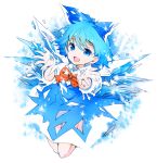  1girl blue_dress blue_eyes blue_hair bow cirno dress hair_bow ice ice_wings ichizen_(o_tori) open_mouth smile solo touhou wings 
