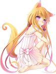  1girl absurdres animal_ears barefoot blonde_hair fox_ears fox_tail highres long_hair ming_(3952862) original simple_background solo strap_slip tail very_long_hair violet_eyes 