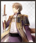  1boy border brown_hair cowboy_shot gloves heshikiri_hasebe katana male_focus mizuhara_aki sheath sheathed shippou_(pattern) short_hair sode solo sword touken_ranbu weapon white_gloves 