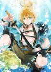  1boy bubble green_eyes grin japanese_clothes kamekichi kurisu_takumi male_focus orange_hair sarashi sheath smile sword touken_ranbu turtle underwater unsheathing urashima_kotetsu weapon 