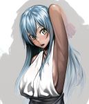  1girl arm_up armpits breasts dark_elf dress elf h_kasei large_breasts long_hair looking_at_viewer open_mouth original pointy_ears sideboob silver_hair sleeveless sleeveless_dress solo very_long_hair white_dress yellow_eyes 