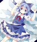  1girl arms_up blue_eyes blue_hair bow cirno frilled_skirt frills hair_bow looking_at_viewer neck_ribbon puffy_short_sleeves puffy_sleeves red_ribbon ribbon sanasanayukikuni shirt short_sleeves skirt skirt_set smile snowflakes solo touhou white_shirt wings 
