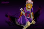  1girl adapted_costume blonde_hair breasts character_name choker closed_fan corset dress elbow_gloves fan folding_fan frilled_dress frills gap gloves hair_ribbon hand_up jurakin long_hair looking_at_viewer mob_cap puffy_short_sleeves puffy_sleeves purple_background purple_dress ribbon ribbon_choker short_sleeves slit_pupils smile socks solo thighs touhou translation_request very_long_hair violet_eyes white_gloves yakumo_yukari 