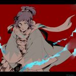  1boy black_hair blue_eyes high_ponytail japanese_clothes memessa mole mole_under_eye scarf shinsengumi solo touken_ranbu white_scarf yamato-no-kami_yasusada 