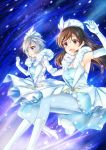  2girls anastasia_(idolmaster) blue_eyes breasts brown_eyes brown_hair dress elbow_gloves gloves holding_hands idolmaster idolmaster_cinderella_girls long_hair mitsuki_meiya multiple_girls nitta_minami open_mouth pantyhose pure_white_memories short_hair silver_hair smile 