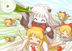  2girls :d ^_^ ahoge airplane brown_hair closed_eyes covered_mouth crossover dress flying holding horns ibuki_suika kantai_collection long_hair minigirl mittens multiple_girls northern_ocean_hime open_mouth outstretched_arms piggyback shinkaisei-kan siro_(doraemon40th) smile spread_arms touhou white_dress white_hair white_skin 