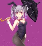  1girl animal_ears bunnysuit drill_hair highres idolmaster idolmaster_cinderella_girls kanzaki_ranko kawamata_koori long_hair rabbit_ears red_eyes silver_hair twin_drills twintails umbrella 