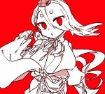  1boy :o chin_strap eyes_visible_through_hair hair_over_one_eye hat ima-no-tsurugi japanese_clothes long_hair male_focus monochrome red_background red_eyes simple_background solo spot_color stole tokin_hat touken_ranbu ukata very_long_hair 