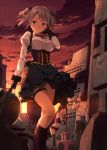  1boy 2girls blonde_hair boots character_request ciel_alencon clouds fingerless_gloves gloves god_eater green_eyes highres kinta_(distortion) multiple_girls short_hair short_twintails skirt sky standing sunset thigh_strap twintails weapon 