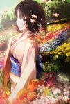  1girl brown_eyes brown_hair field flower flower_field highres japanese_clothes kara_no_kyoukai kimono magicians_(zhkahogigzkh) obi ryougi_shiki sash short_hair solo 