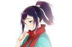  1boy blue_eyes high_ponytail long_hair male_focus profile purple_hair red_scarf sakiyo_cake scarf simple_background solo touken_ranbu upper_body white_background yamato-no-kami_yasusada 