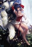 1girl ahri animal_ears armpits arms_up artist_name bare_shoulders barefoot black_hair eirashard fox_ears fox_tail league_of_legends long_hair looking_at_viewer multiple_tails sitting smile solo tail tree yellow_eyes 