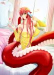  1girl breasts brushing brushing_teeth controller hair_between_breasts hair_brush hair_brushing hair_ornament hairclip highres lamia large_breasts long_hair miia_(monster_musume) monster_girl monster_musume_no_iru_nichijou mr._metabo multitasking navel on_bed one_eye_closed pointy_ears redhead remote_control scales slit_pupils snake_tail solo tail tail_hold waking_up window yellow_eyes 