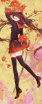  1girl absurdres arm_over_head black_hair black_legwear bow brown_shoes buttons eyelashes flower full_body hair_bow hibiscus highres holding_sword katana leaf loafers long_hair long_sleeves looking_at_viewer looking_to_the_side moss_(2225028) one_leg_raised original petals pleated_skirt red_eyes red_flower red_skirt school_uniform serafuku shoes skirt solo sword thigh-highs twintails very_long_hair weapon 
