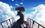  1girl black_hair book clouds highres holding levi9452 light_particles long_hair long_sleeves looking_away no_eyes original pages profile school_uniform serafuku sky solo stairs surreal wind 