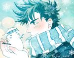  1boy blue_hair blush headband holiday-jin jojo_no_kimyou_na_bouken joseph_joestar_(young) scarf snowman solo winter winter_clothes 