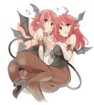  2girls :&lt; ahoge alternate_hair_length alternate_hairstyle ass bangs bat_wings black_legwear blush breasts bridal_gauntlets demon_tail dual_persona elbow_gloves gloves hands_on_own_chest head_wings high_heels hiruma_andon index_finger_raised koakuma long_hair looking_at_viewer multiple_girls open_mouth pantyhose pointy_ears red_eyes redhead short_hair simple_background skull_print smile tail touhou white_background wings 
