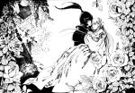  1boy 1girl armor carrying closed_eyes couple dress flower hat helmet kei_shu long_dress long_hair long_sleeves medieval monochrome original outdoors princess_carry puffy_long_sleeves puffy_sleeves rose traditional_media 